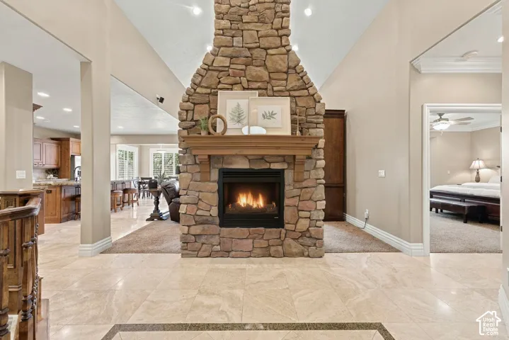 Gorgeous Freestanding Double-Sided Fireplace Greets you in the Entry