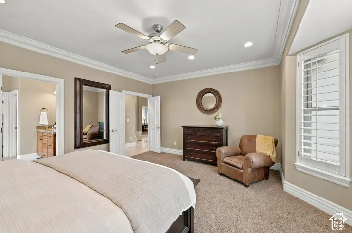Primary Bedroom with 9 Foot Ceiling, Deep Crown Moldings and Tall Baseboards