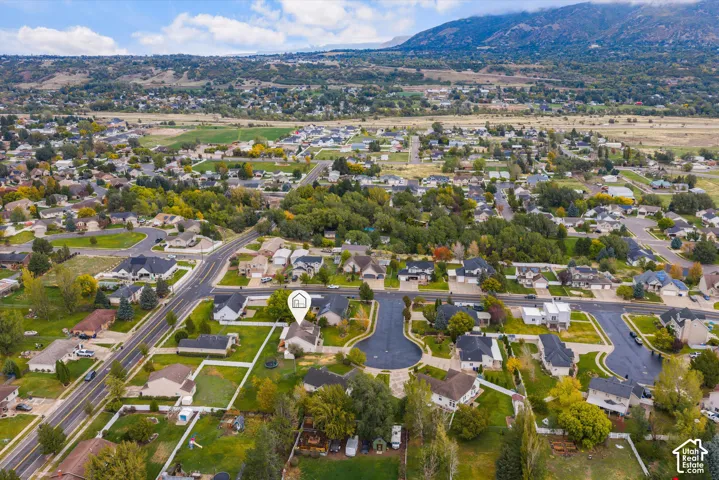 Aerial perspective of a residential property featuring mountain scenery, mature tree canopy, and established landscaping