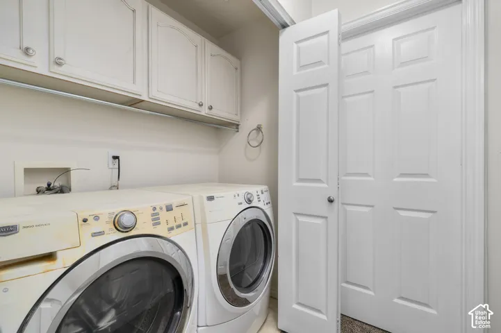 Laundry area featuring white shaker-style wall-mounted cabinetry, a recessed laundry utility box, and a six-panel door