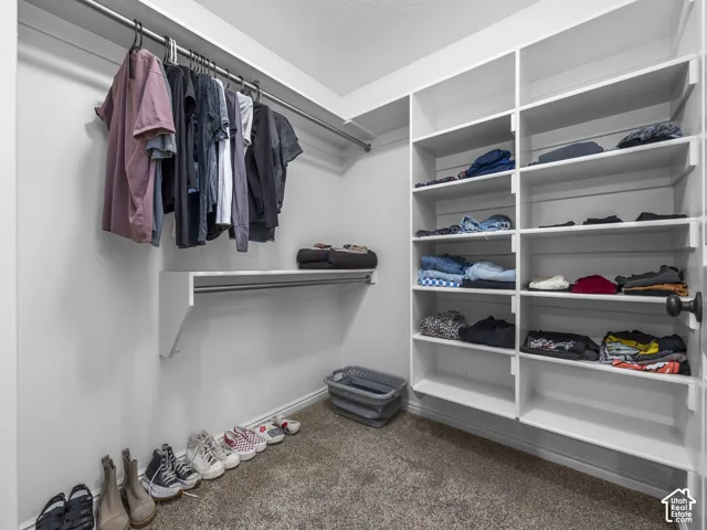 Walk-in closet featuring floor-to-ceiling white built-in shelving, dual-level metal garment rods, and wall-to-wall carpeting