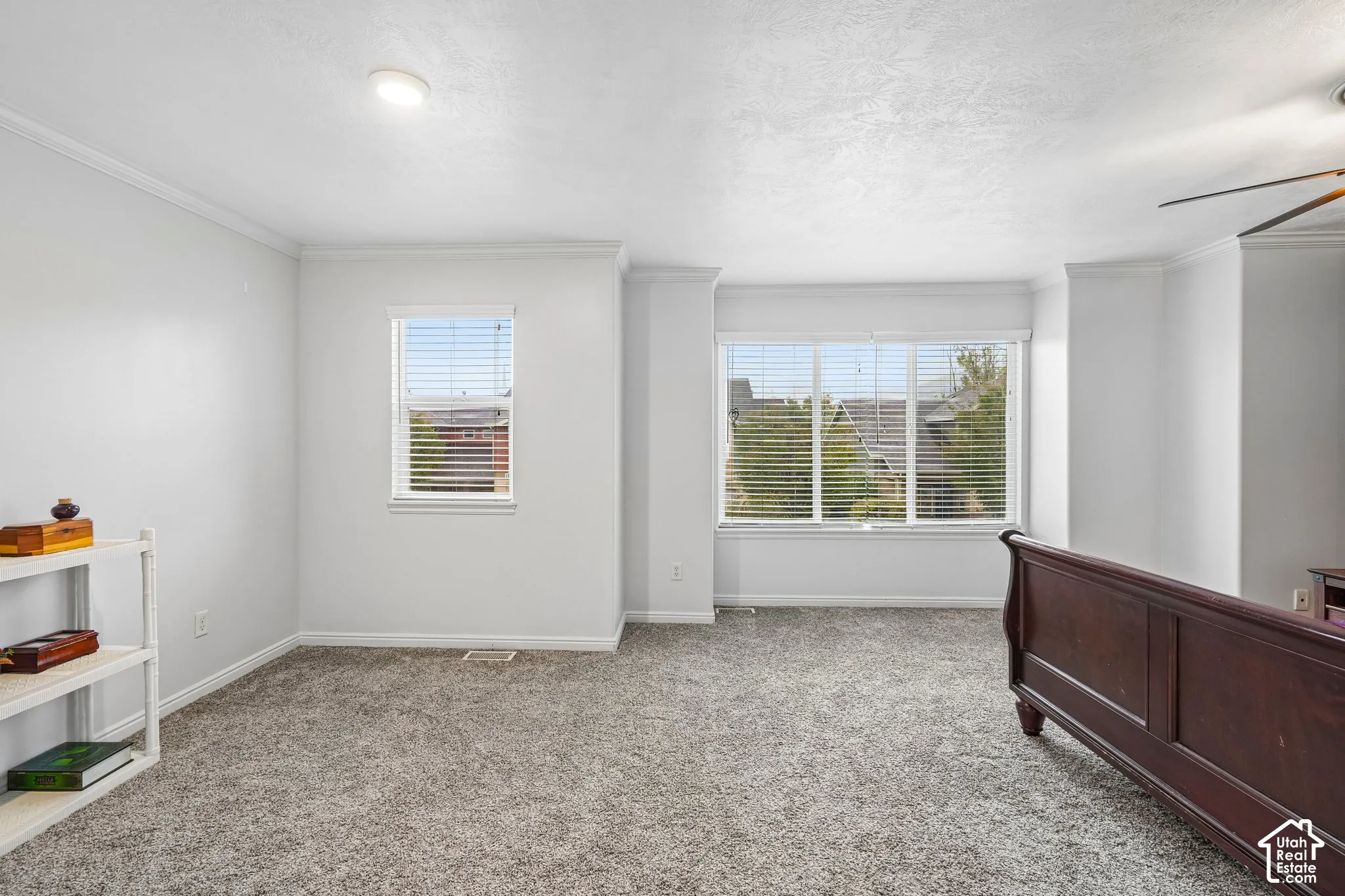 Neutral interior featuring wall-to-wall carpeting, crown molding, and large-format multi-pane windows