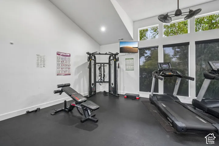Vaulted ceilings, tall windows with dark roller shades, and durable rubber flooring