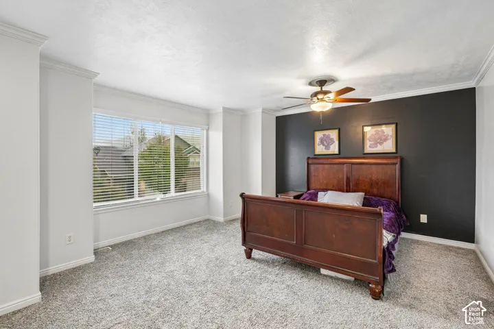 Room featuring neutral carpeting, a dark accent wall, crown molding, a multi-pane window with blinds, and a central ceiling fan with integrated lighting