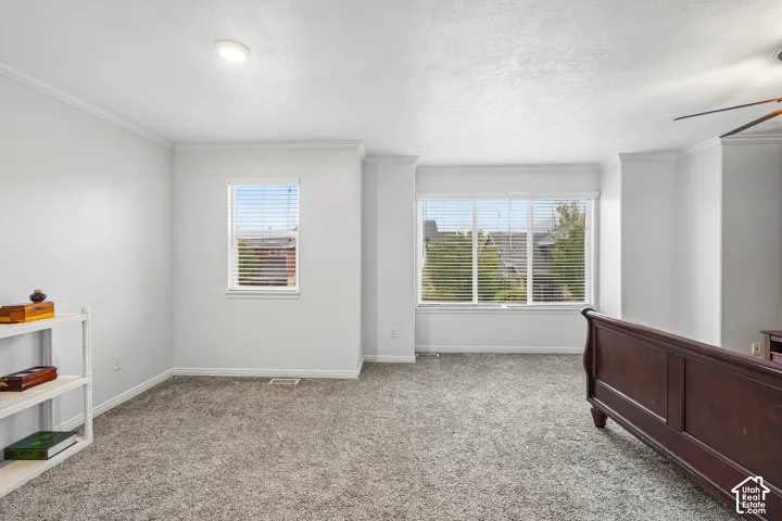 Neutral interior featuring wall-to-wall carpeting, crown molding, and large-format multi-pane windows