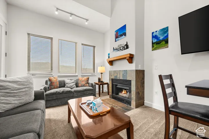 Vaulted ceilings, fireplace with tile surround, wood mantel, multi-window configuration, and track lighting