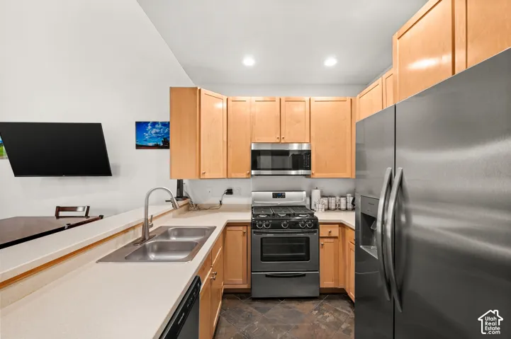 Kitchen featuring light-finish cabinetry, solid-surface countertops, stainless steel appliances, a dual-basin sink with a gooseneck faucet, and stone-finish flooring