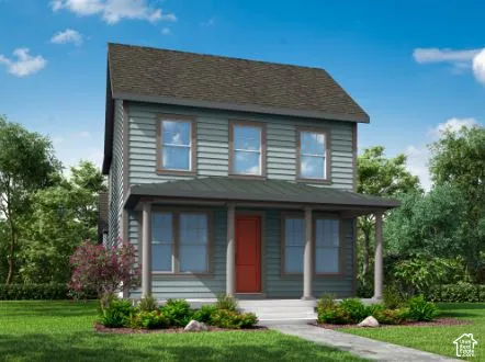 Two-story exterior featuring lap siding, a metal-roofed front porch with structural columns, and a dedicated entryway