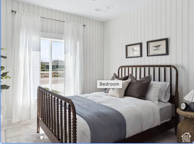 Vertical beadboard wall paneling, high-ceiling window with metal rod, and neutral carpeted flooring