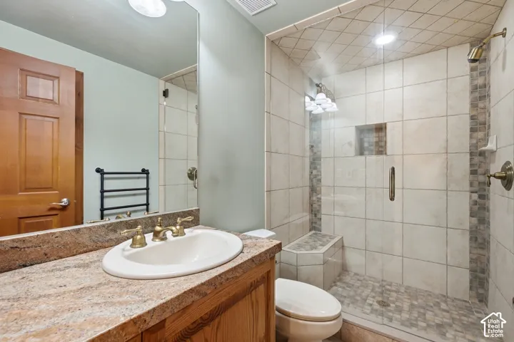 Bathroom featuring a stone-finish countertop, undermount sink with dual-handle faucet, wood cabinetry, and a walk-in shower with tiled surround and built-in bench