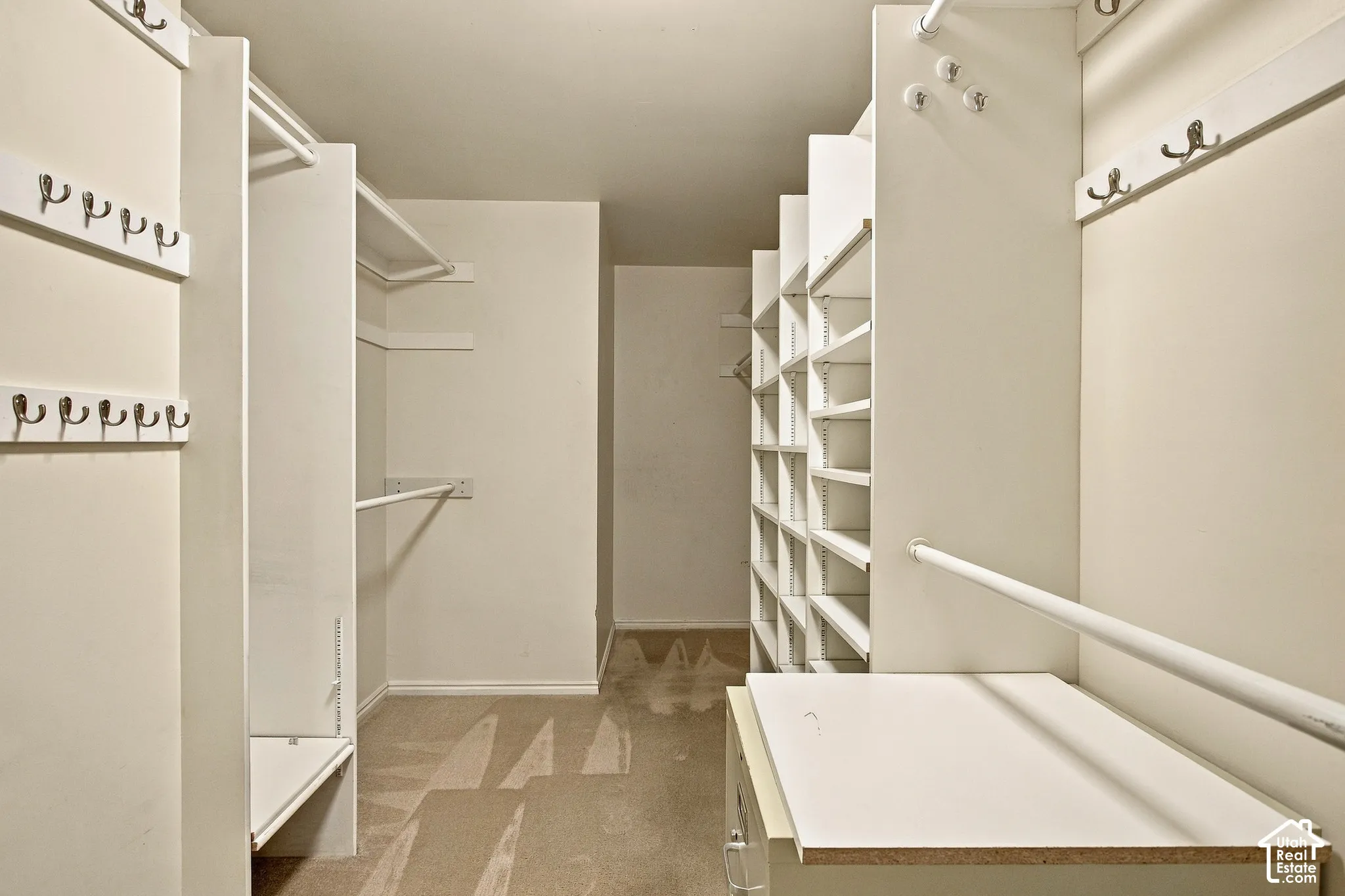 Walk-in storage space featuring built-in shelving, hanging rods, wall-mounted hardware, and carpeted flooring
