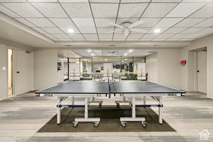 Finished interior space featuring a drop ceiling, recessed lighting, ceiling fan, and carpeted flooring