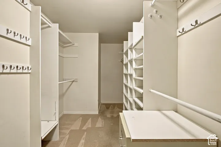 Walk-in storage space featuring built-in shelving, hanging rods, wall-mounted hardware, and carpeted flooring