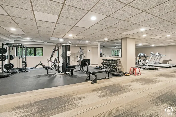 Large open-concept space featuring a drop ceiling with recessed lighting, integrated wall mirror, patterned carpet flooring, and durable rubber flooring sections