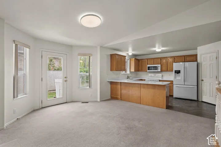 Kitchen featuring wood cabinetry, a breakfast bar, recessed lighting, neutral carpeting, and a glass-paneled exterior door