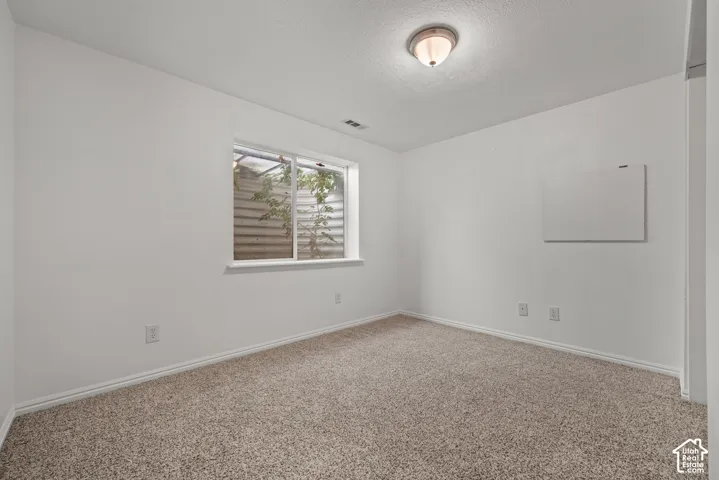 Neutral-toned carpet flooring, sliding window with an external window well, and a flush-mount ceiling light fixture