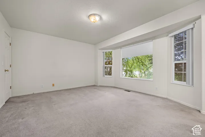 Room featuring wall-to-wall carpeting, a multi-pane bay window, and a ceiling-mounted light fixture