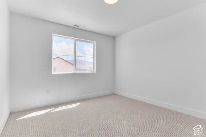Room featuring neutral-toned carpeting, crisp white wall finishes, and a single sliding window with mountain scenery