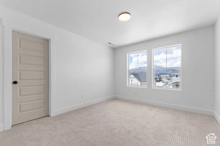 Neutral-toned carpet, five-panel interior door with matte black hardware, dual windows with mountain scenery, and flush-mount ceiling lighting