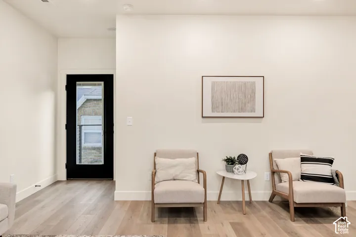 Neutral interior featuring wood-finish flooring and a black-frame door with a glass pane