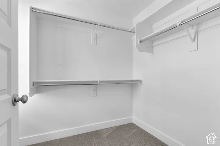 Walk-in closet featuring multi-level metal garment rods, fixed white shelving, carpeted flooring, and a paneled door with a round metallic knob