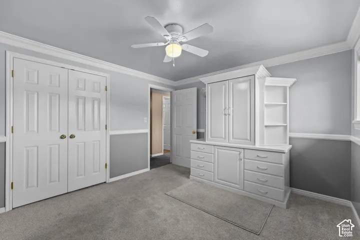 Room featuring crown molding, chair rail trim, carpeted flooring, a white built-in cabinetry unit, and a central ceiling fan