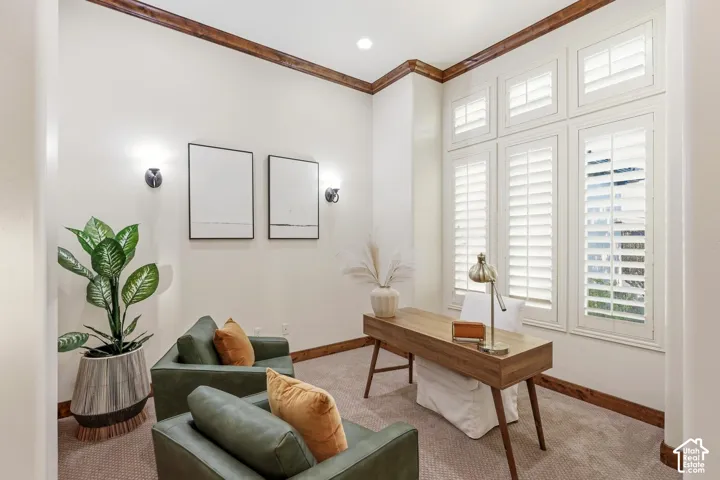 Custom crown molding with wood-tone finish, plantation shutters, and dual wall-mounted light fixtures