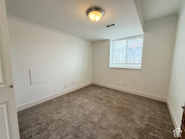 Room with neutral-toned carpeting, crisp white walls, flush-mount ceiling light fixture, and horizontal blind window treatment
