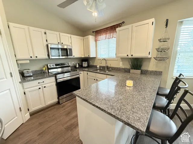 Kitchen featuring white cabinetry, stone-surface countertops, wood-finish flooring, stainless steel appliances, and a peninsula with bar seating