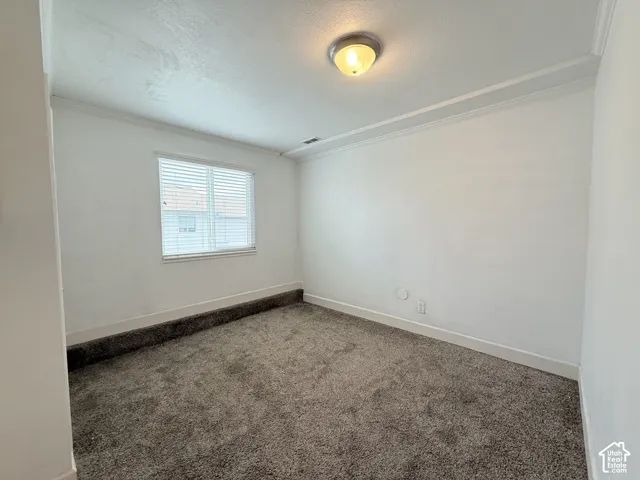Interior space featuring neutral wall tones, crown molding, wall-to-wall carpeting, a window with horizontal blinds, and a central ceiling-mounted light fixture