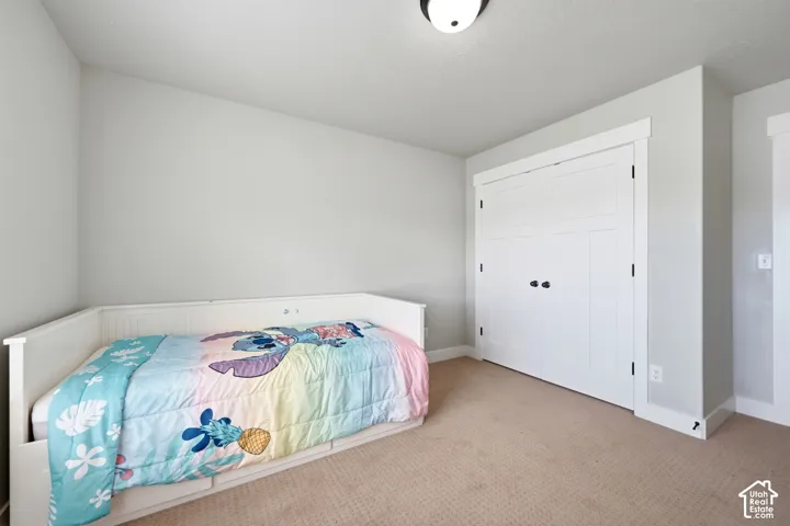 Neutral-toned interior room featuring wall-to-wall carpeting, white paneled closet doors with black hardware, and a ceiling-mounted light fixture