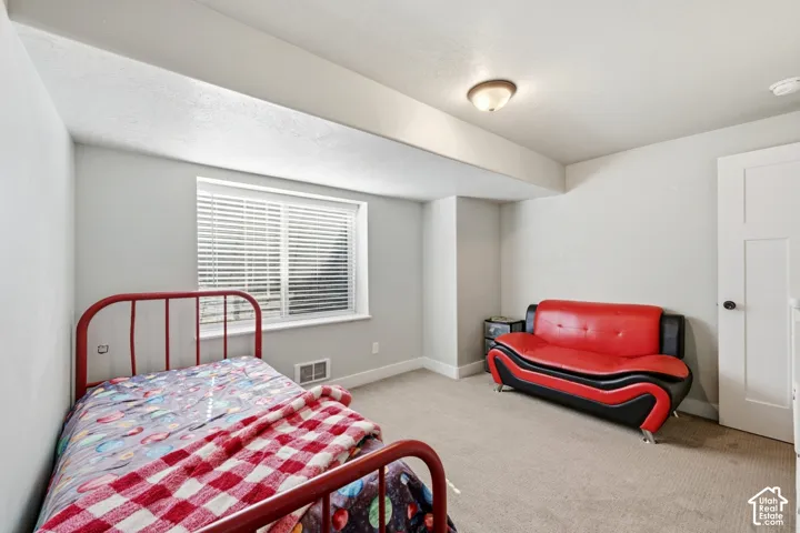 Neutral interior featuring plush wall-to-wall carpeting, a multi-pane window with adjustable blinds, a semi-flush mount ceiling light fixture, and a solid-panel door with architectural trim