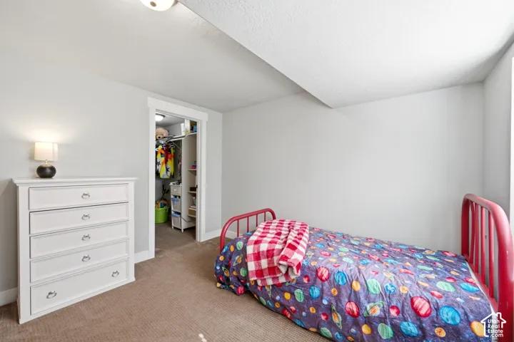 Bedroom featuring neutral wall paint, wall-to-wall carpeting, and a built-in walk-in closet with overhead lighting