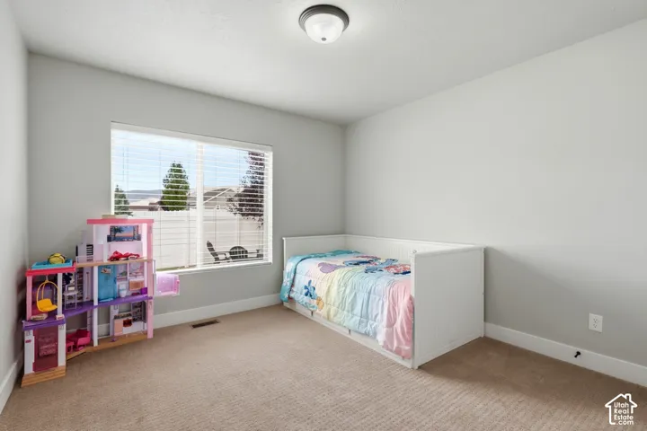 Neutral wall paint, plush carpeting, large window with horizontal blinds, and a semi-flush mount ceiling light fixture
