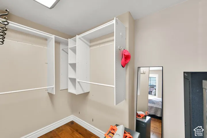 Spacious walk-in closet featuring dual hanging rods, multiple shelving compartments, wood-finish flooring, and abundant natural light from overhead skylight