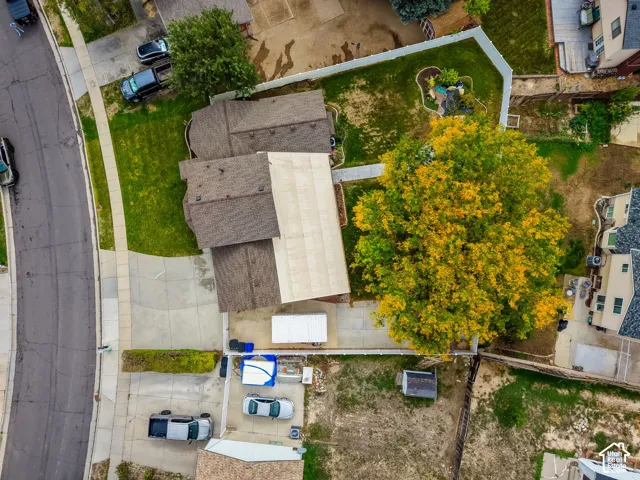 Asphalt shingle roofing, paved driveway, mature tree with yellow foliage, and a landscaped backyard with a white privacy fence