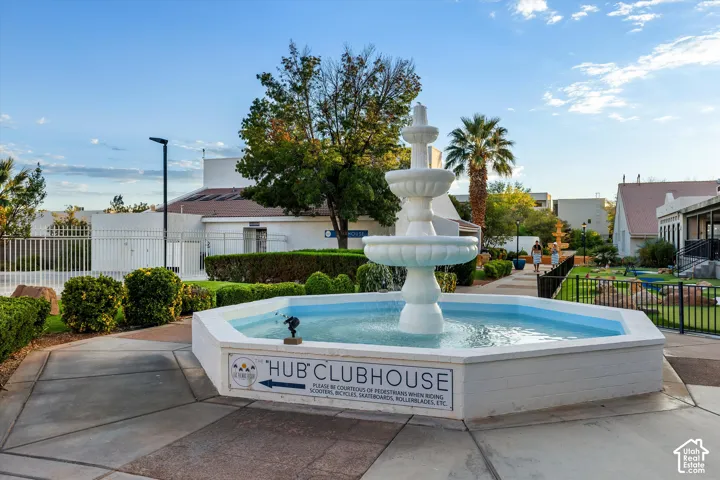Clubhouse: A fountain welcomes you to The HUB clubhouse.