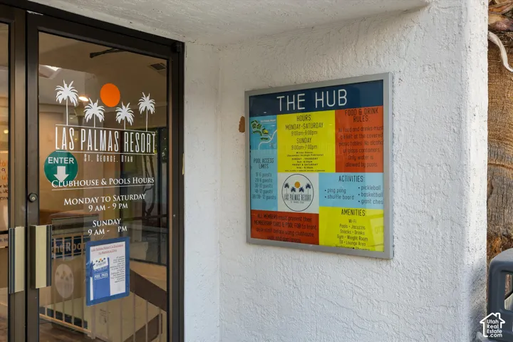 Clubhouse: The HUB entrance. Amenities are open daily from 9 AM to 9 PM.