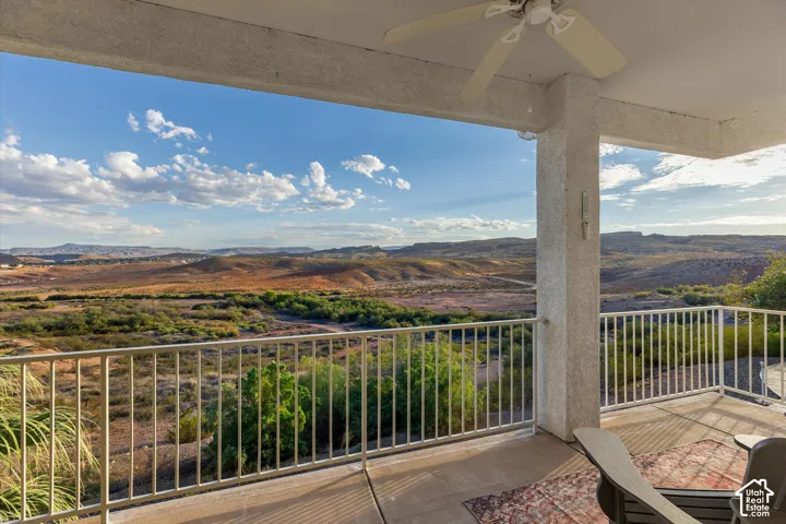 Deck: The view from the covered deck: open desert stretching toward Green Valley Gap, Moe