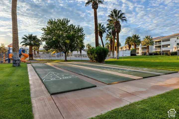 Shuffleboard: Shuffleboard courts, with the volleyball net nearby.