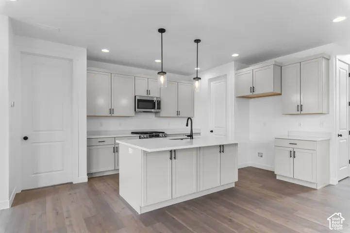 Kitchen featuring light-toned shaker cabinetry, quartz countertops, a center island with a built-in sink, matte black hardware, and wood-finish flooring