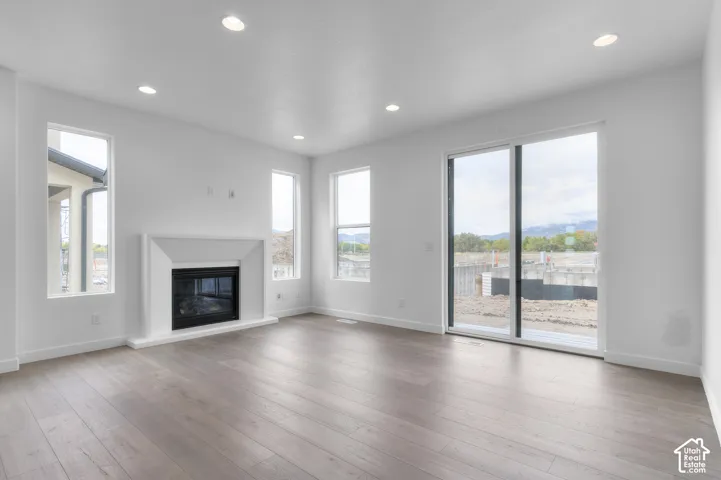Interior space featuring wood-finish flooring, recessed lighting, a modern fireplace with a minimalist surround, and sliding glass doors