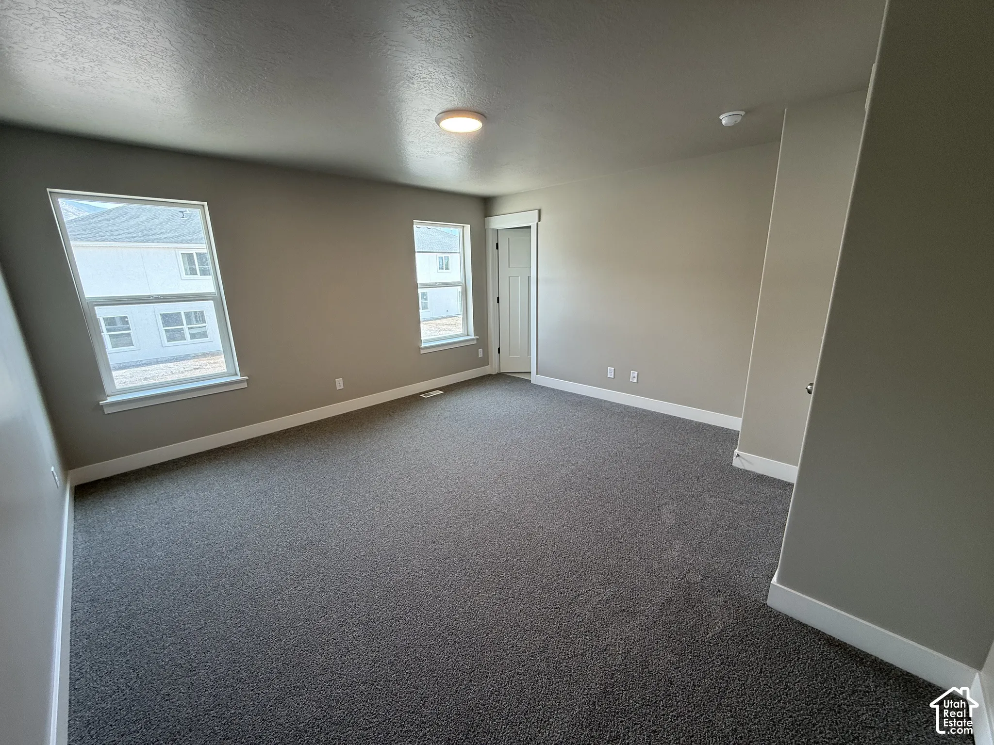 Neutral-toned interior featuring wall-to-wall carpeting, dual windows, a flush-mount light fixture, and a single-panel interior door