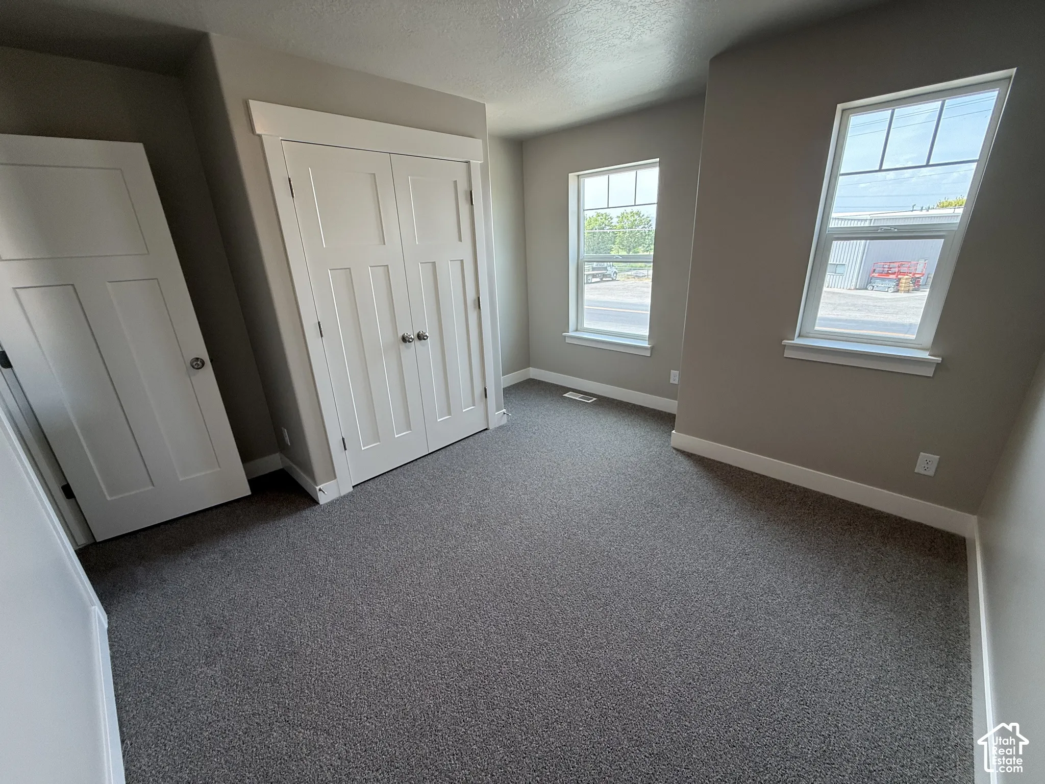 Neutral-toned walls featuring clean-lined trim, dual-pane windows with muntins, and carpeted flooring