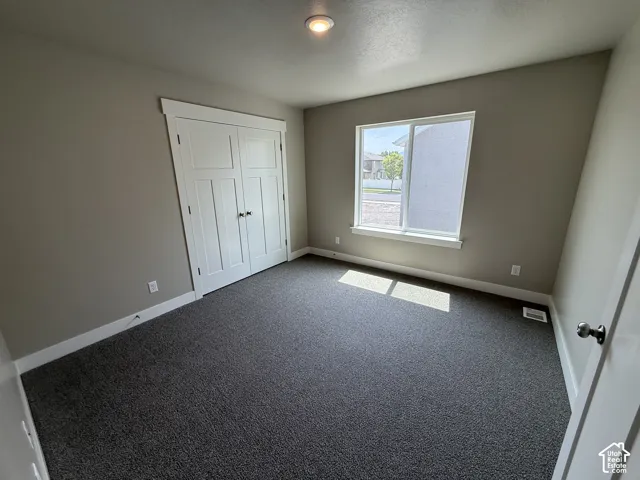 Neutral-toned interior room featuring wall-to-wall carpeting, a large sliding window, and a closet with double-panel doors