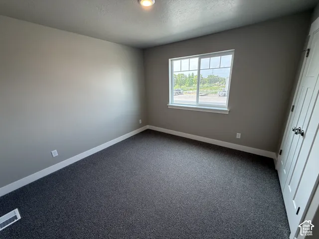 Neutral-toned room featuring dark carpeting, a single-hung window with a grid pattern, and a paneled closet door