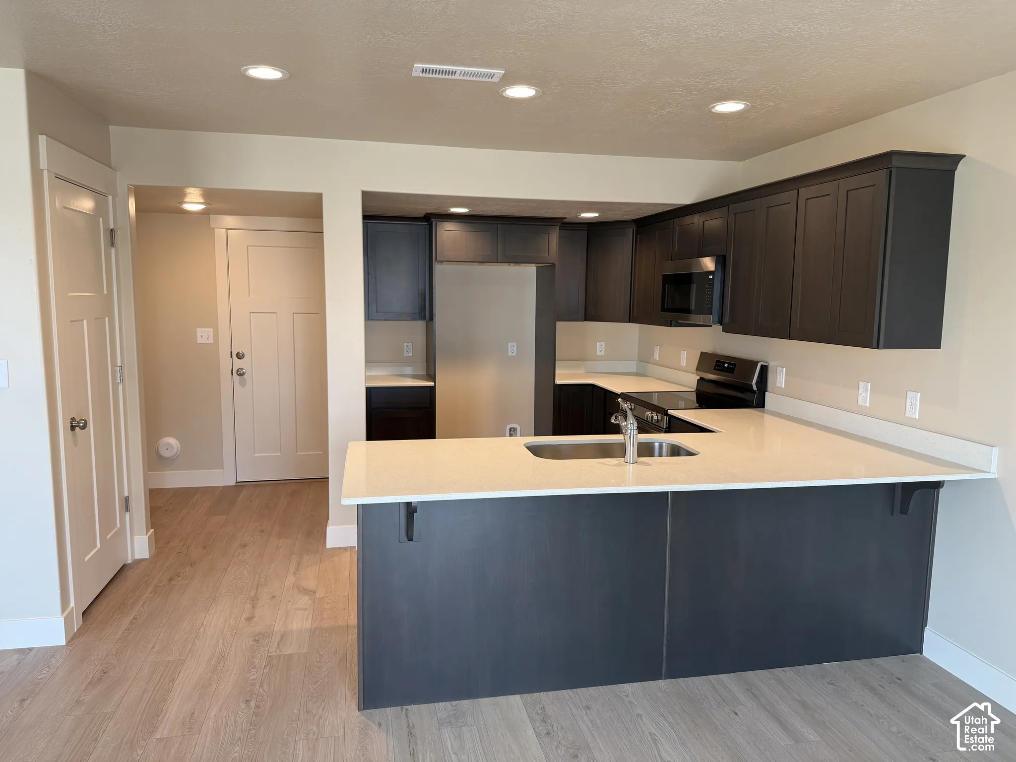Kitchen featuring dark cabinetry, quartz countertops, a peninsula with an undermount sink, stainless steel appliances, and wood-finish flooring