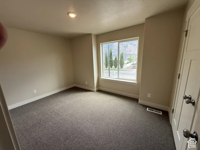Neutral-toned interior space featuring wall-to-wall carpeting, recessed ceiling lighting, a sliding window with mountain scenery, and a paneled interior door