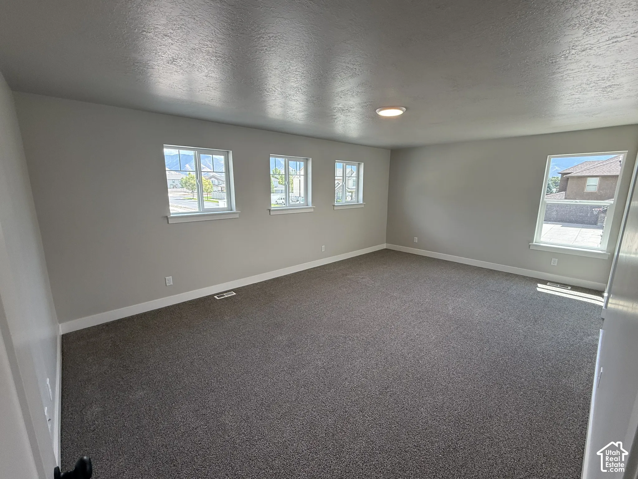 Spacious interior featuring neutral wall tones, wall-to-wall carpeting, and four windows providing natural light