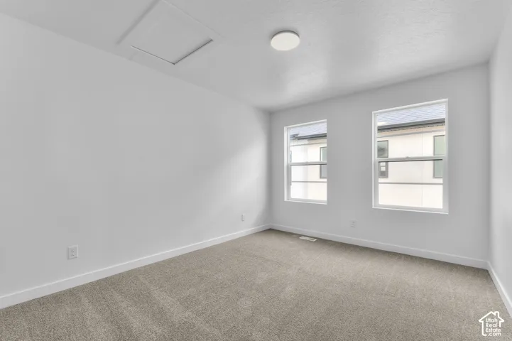 Neutral interior space featuring neutral-toned wall-to-wall carpeting, dual windows, and a flush-mount overhead light fixture
